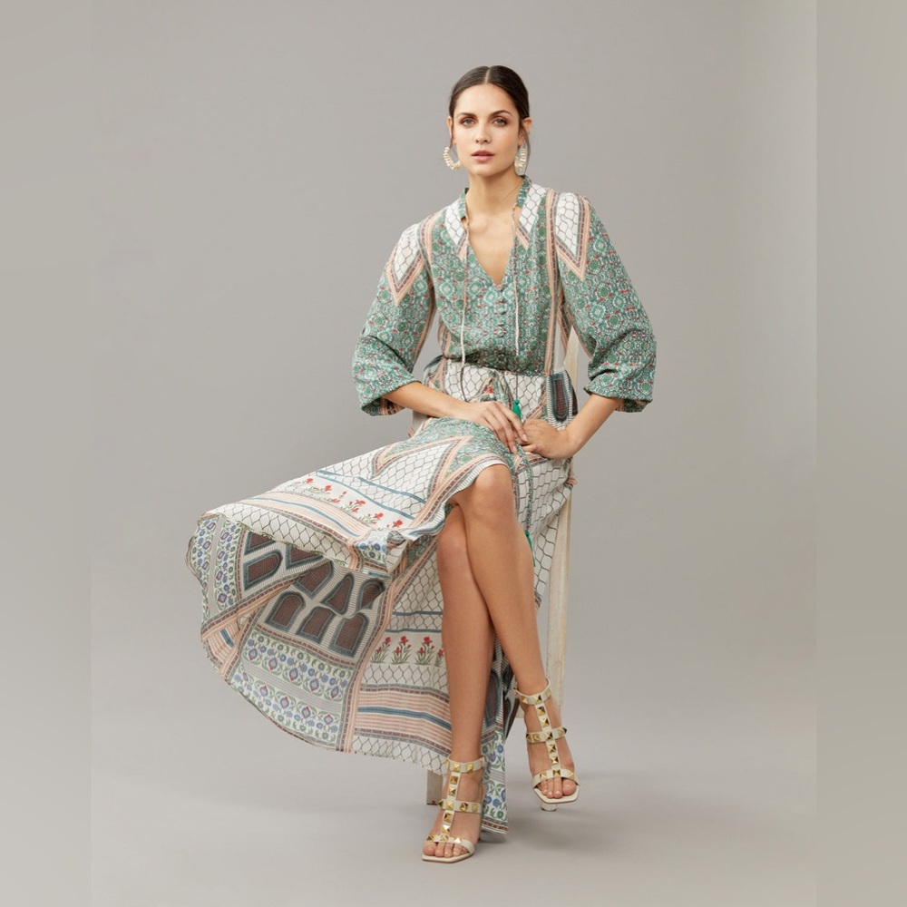 100% Silk Moda Baronessa Villanova Palm Beach Maxi - Small / Cream/Green Print